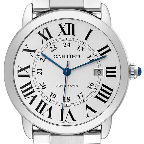 This image shows a close-up of the Cartier Ronde W6701011 Men's Stainless Steel Silver Dial W6701011 Men's Stainless Steel Silver Dial watch face, displaying its Roman numerals, date window, and blue hands.