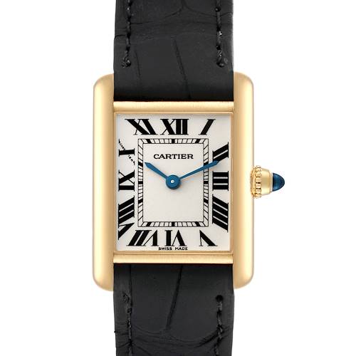 This image shows a front view of the Cartier Tank Louis W1529856 Women's Yellow Gold Silver Dial W1529856 Women's Yellow Gold Silver Dial watch, highlighting its face, strap, and crown with a blue cabochon.