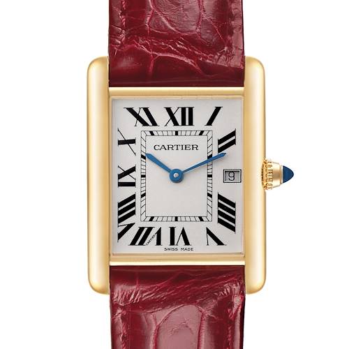 The Cartier Tank Louis W1529756 Men's Yellow Gold Silver Dial W1529756 Men's Yellow Gold Silver Dial watch is shown from the front, highlighting its rectangular dial, Roman numerals, and red leather strap.