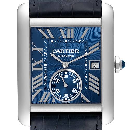 This image shows a front view of the Cartier Tank MC WSTA0010 Men's Stainless Steel Blue Dial WSTA0010 Men's Stainless Steel Blue Dial watch, highlighting its blue dial, Roman numerals, date window, and sub-dial.