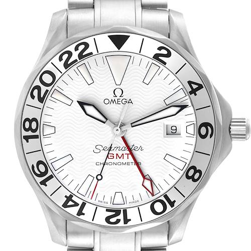 The Omega Seamaster 2538.20.00 Men's Stainless Steel White Dial 2538.20.00 Men's Stainless Steel White Dial GMT watch is shown from a top-down angle, highlighting the dial, bezel, crown, and part of the bracelet.