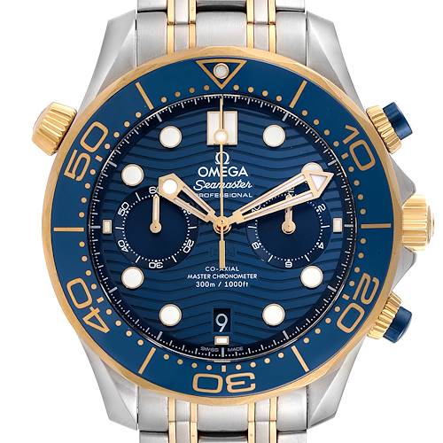 The image shows a front view of the Omega Seamaster 210.20.44.51.03.001 Men's Steel and Gold (two tone) Blue Dial 210.20.44.51.03.001 Men's Steel and Gold (two tone) Blue Dial watch, displaying its dial, bezel, and part of the bracelet.