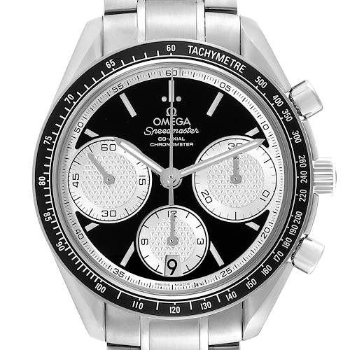 The image shows a front view of an Omega Speedmaster 326.30.40.50.01.002 Men's Stainless Steel Black Dial 326.30.40.50.01.002 Men's Stainless Steel Black Dial watch, highlighting its dial, subdials, and tachymeter bezel.