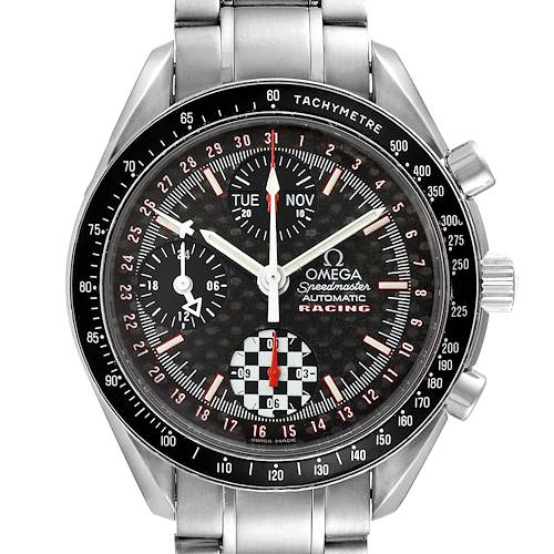 The image shows a front view of an Omega Speedmaster 3529.50.00 Men's Stainless Steel Black Dial 3529.50.00 Men's Stainless Steel Black Dial Racing watch with a tachymeter bezel and multiple subdials.