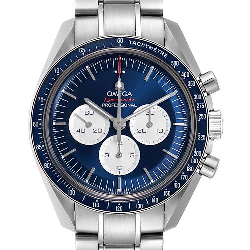 This Omega Speedmaster 522.30.42.30.03.001 Men's Stainless Steel Blue Dial 522.30.42.30.03.001 Men's Stainless Steel Blue Dial watch is shown from the front, featuring a blue dial, tachymeter bezel, and three subdials.