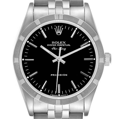 The image shows a front view of the Rolex Air-King 14010 Men's Stainless Steel Black Dial 14010 Men's Stainless Steel Black Dial watch displaying its dial, bezel, crown, and part of the bracelet.