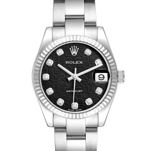 The Rolex Datejust Mid-Size watch is shown from the front, displaying the dial, bezel, bracelet, and crown.