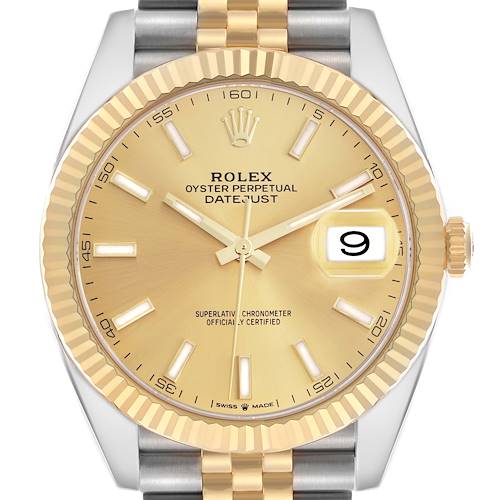 The image shows a frontal view of the Rolex Datejust 41 126333 Men's Steel and Gold (two tone) Champagne Dial 126333 Men's Steel and Gold (two tone) Champagne Dial, highlighting the dial, bezel, and part of the bracelet.