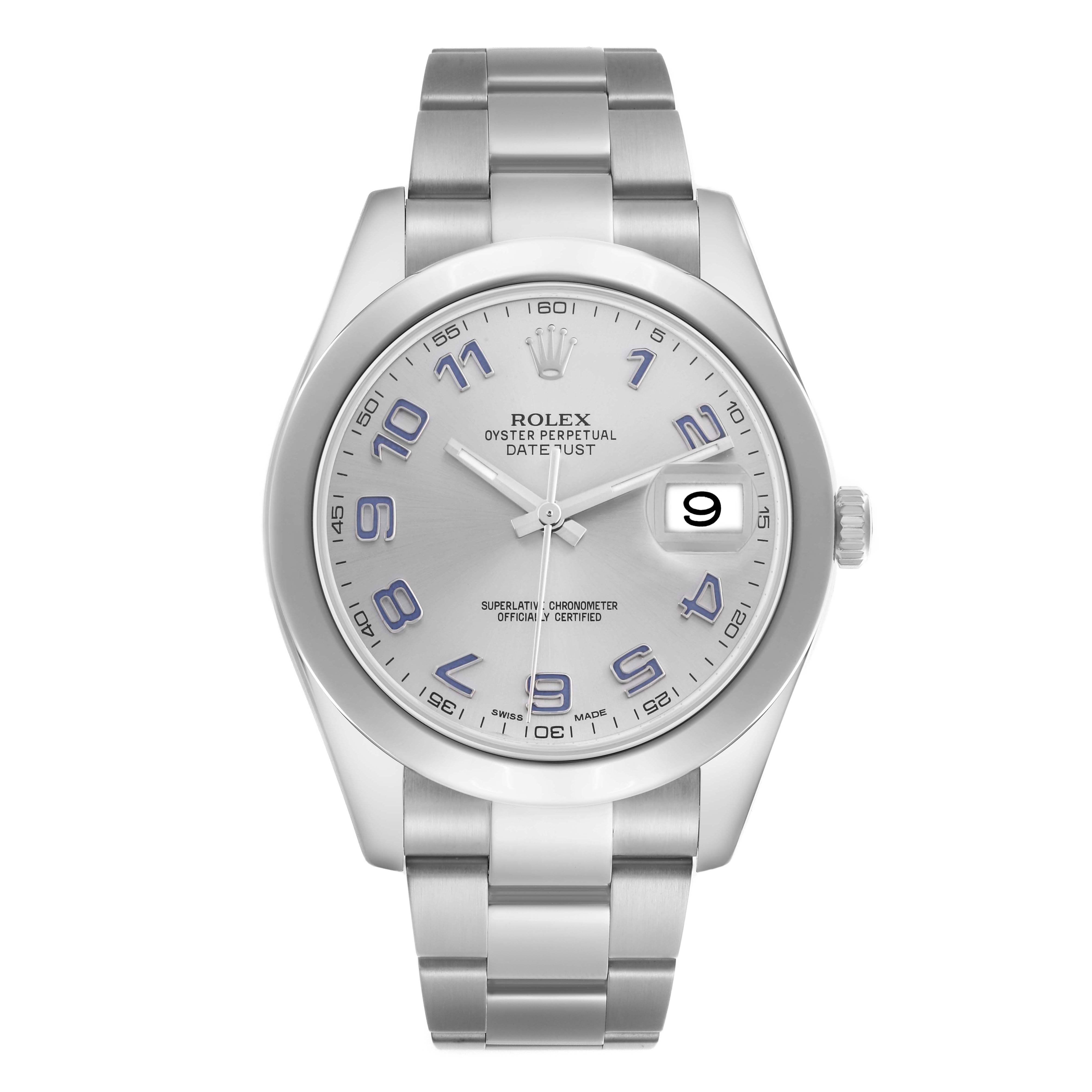 The Rolex Datejust 41 116300 Men's Stainless Steel Silver Dial 116300 Men's Stainless Steel Silver Dial is shown from the front, highlighting the silver dial, blue numerals, date window, and stainless steel bracelet.