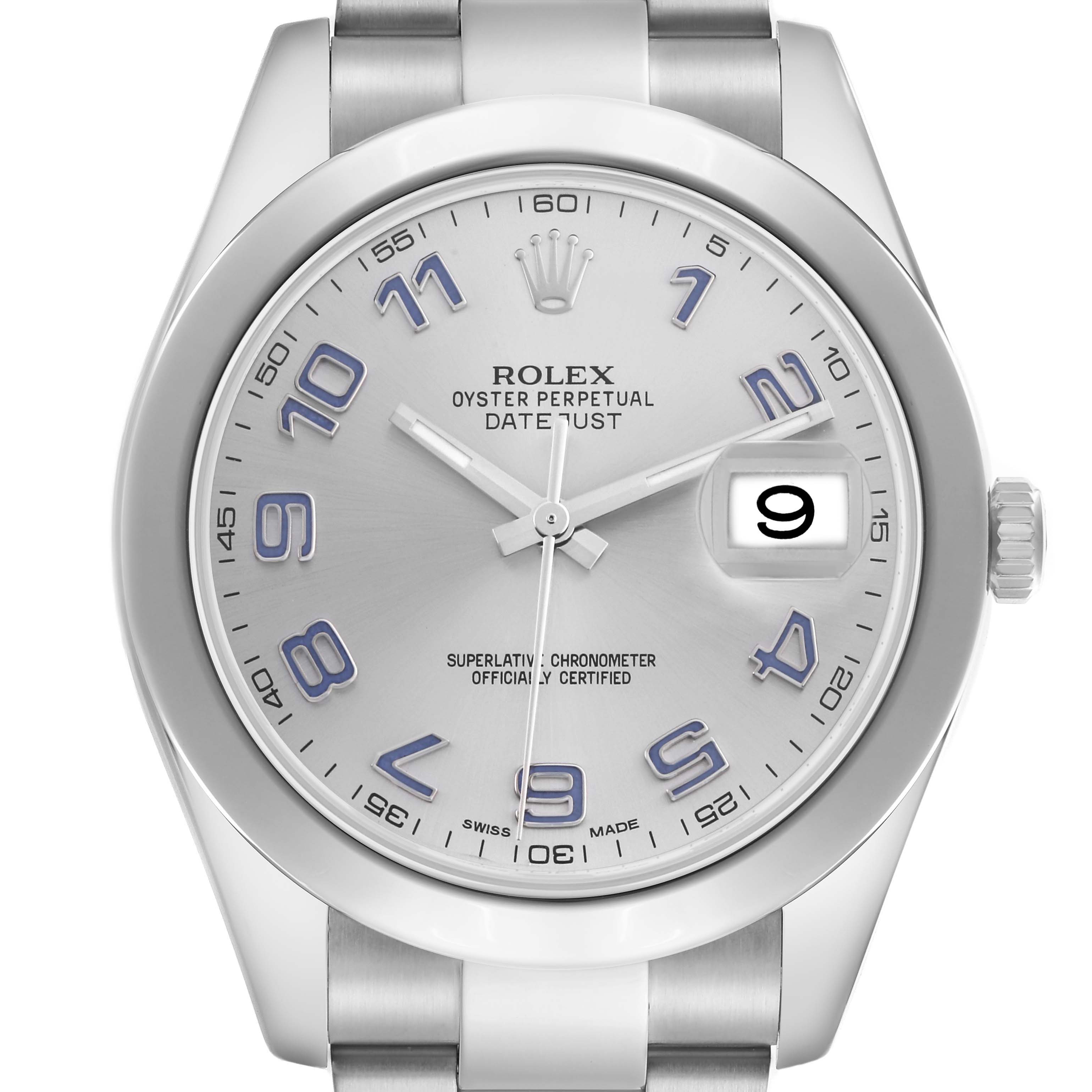 The Rolex Datejust 41 116300 Men's Stainless Steel Silver Dial 116300 Men's Stainless Steel Silver Dial watch is shown from a front angle, highlighting its silver dial, blue numerals, and cyclops date window.