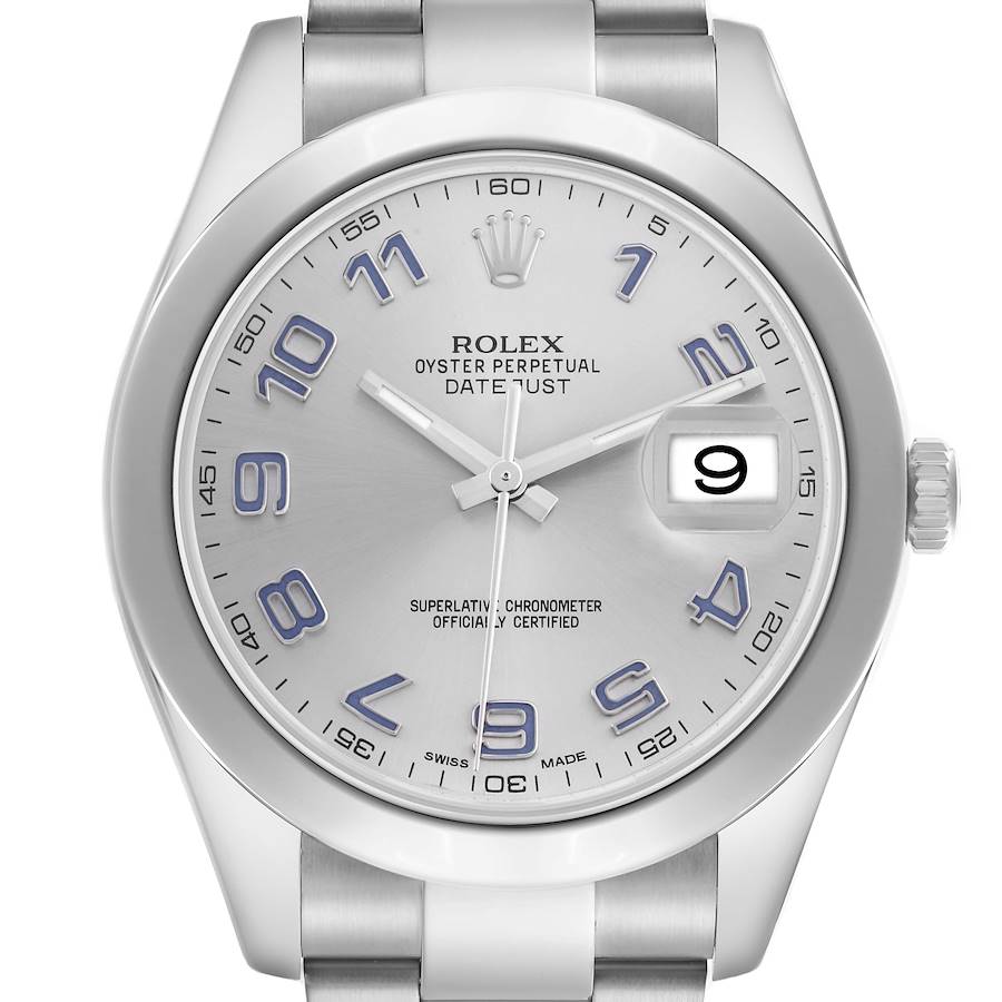 The Rolex Datejust 41 116300 Men's Stainless Steel Silver Dial 116300 Men's Stainless Steel Silver Dial watch is shown from a front angle, highlighting its silver dial, blue numerals, and cyclops date window.