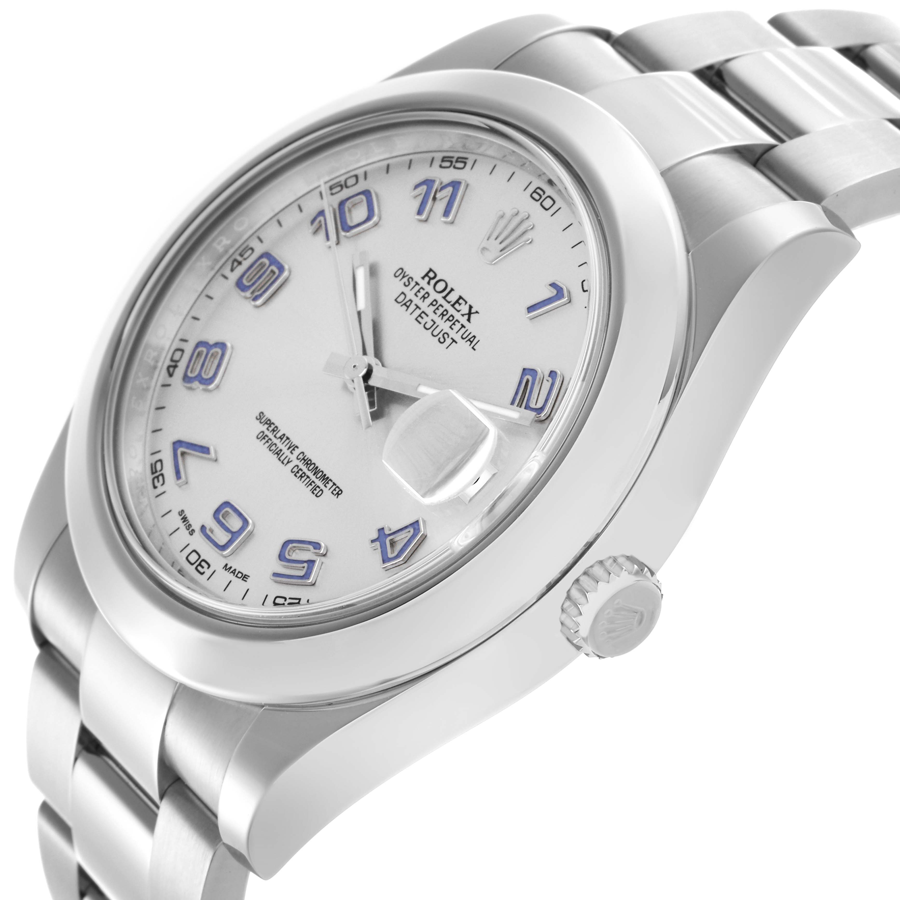 The Rolex Datejust 41 116300 Men's Stainless Steel Silver Dial 116300 Men's Stainless Steel Silver Dial is shown at an angled side view, highlighting the dial, crown, case, and part of the bracelet.