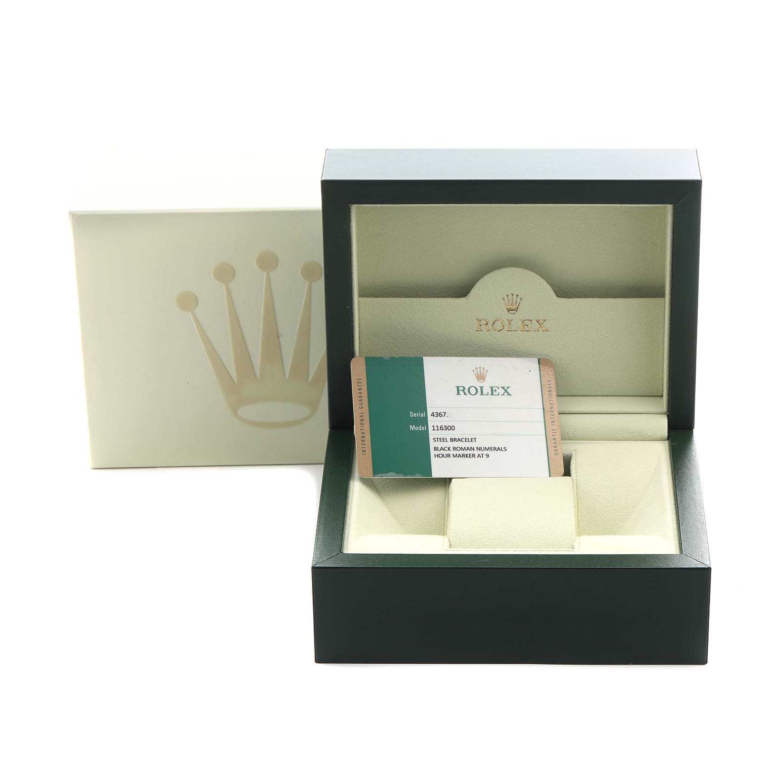 The image shows the open box of a Rolex Datejust 41 116300 Men's Stainless Steel Silver Dial 116300 Men's Stainless Steel Silver Dial with an authenticity card, viewed from the front.