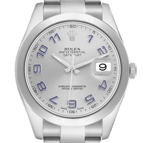 The Rolex Datejust 41 116300 Men's Stainless Steel Silver Dial 116300 Men's Stainless Steel Silver Dial is shown from a front view, highlighting the dial, hands, date, and part of the bracelet.