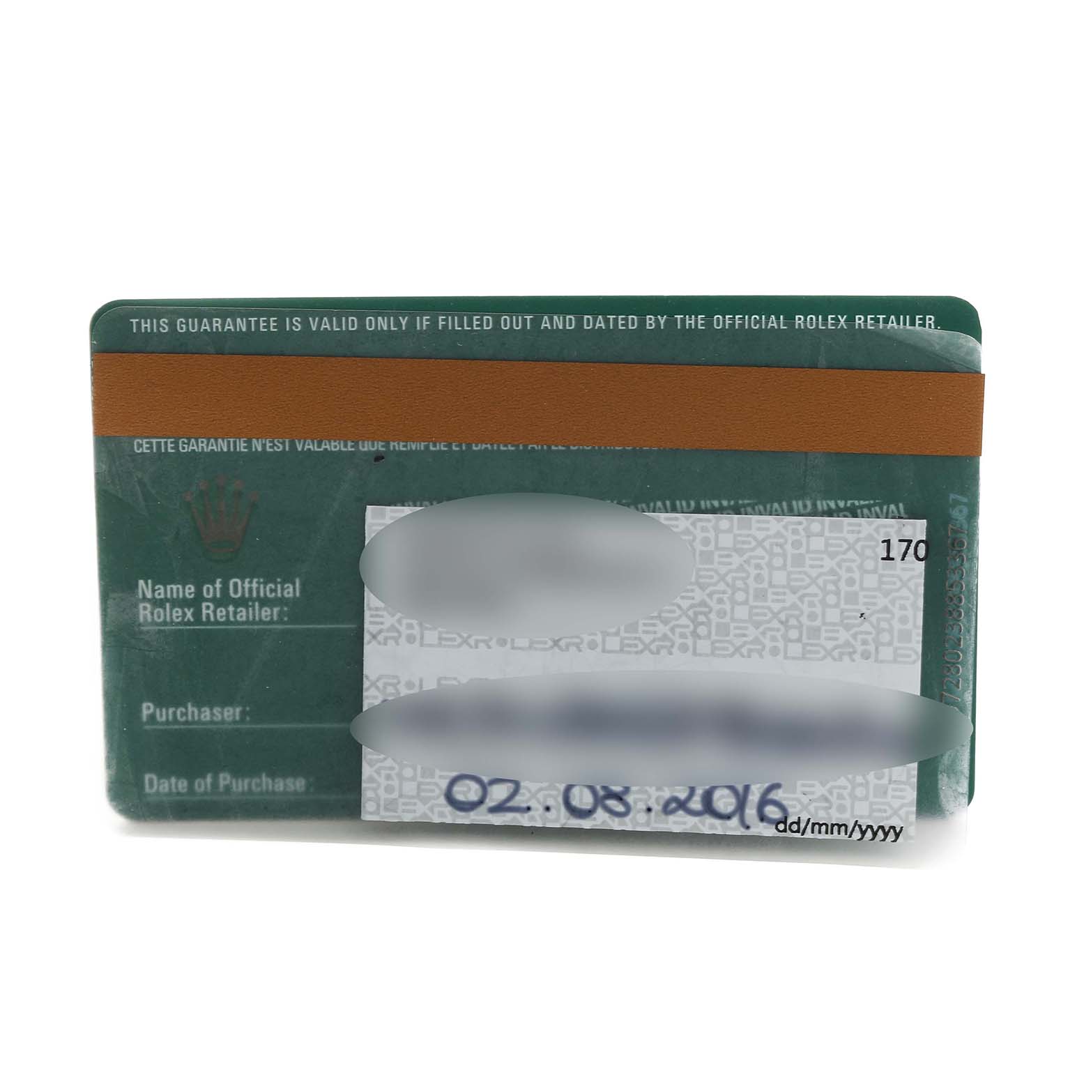 The image shows a warranty card for the Rolex Datejust 41 116300 Men's Stainless Steel Silver Dial 116300 Men's Stainless Steel Silver Dial, displaying purchase details.