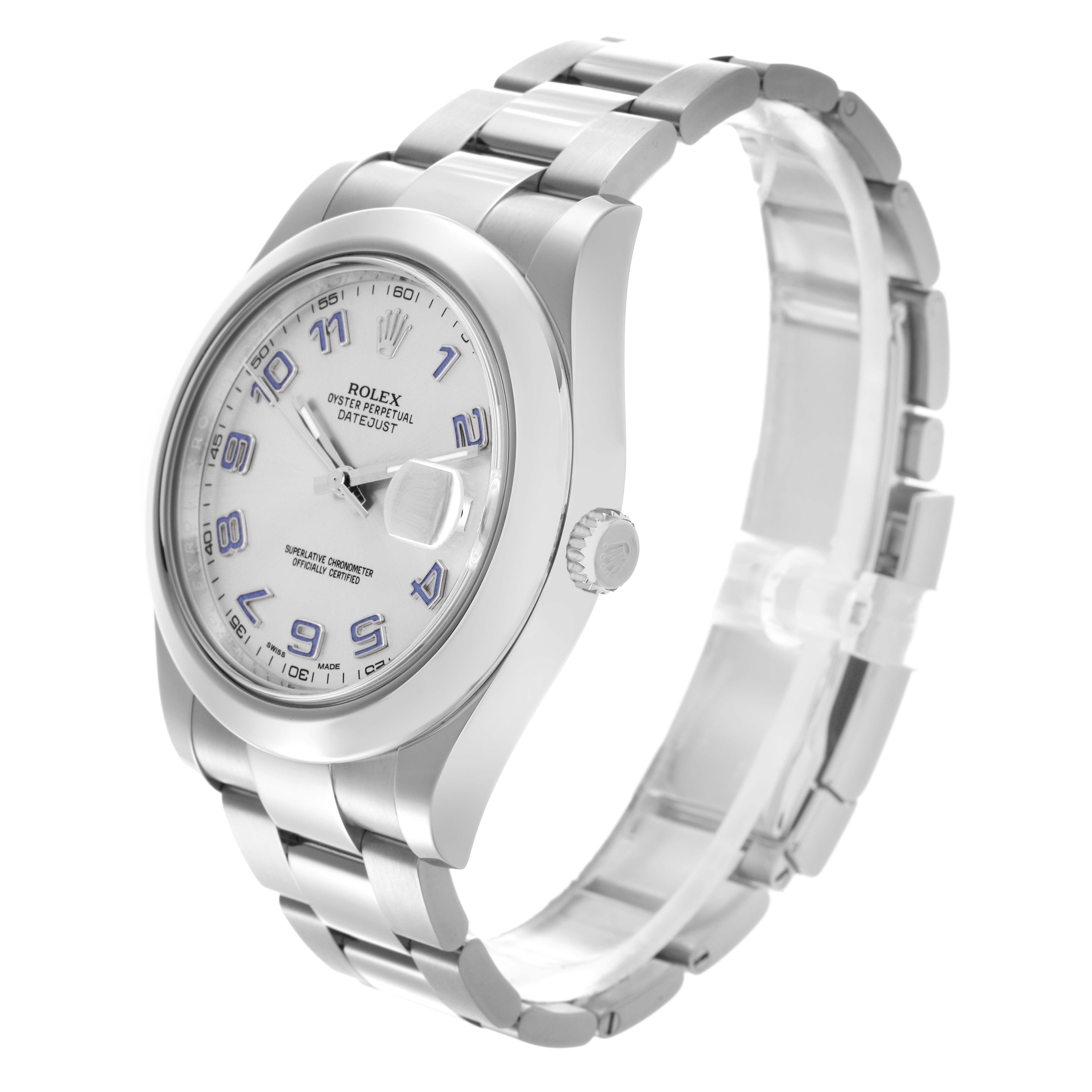The Rolex Datejust 41 116300 Men's Stainless Steel Silver Dial 116300 Men's Stainless Steel Silver Dial watch is shown from a slightly angled side view, highlighting the face, bezel, crown, and bracelet.