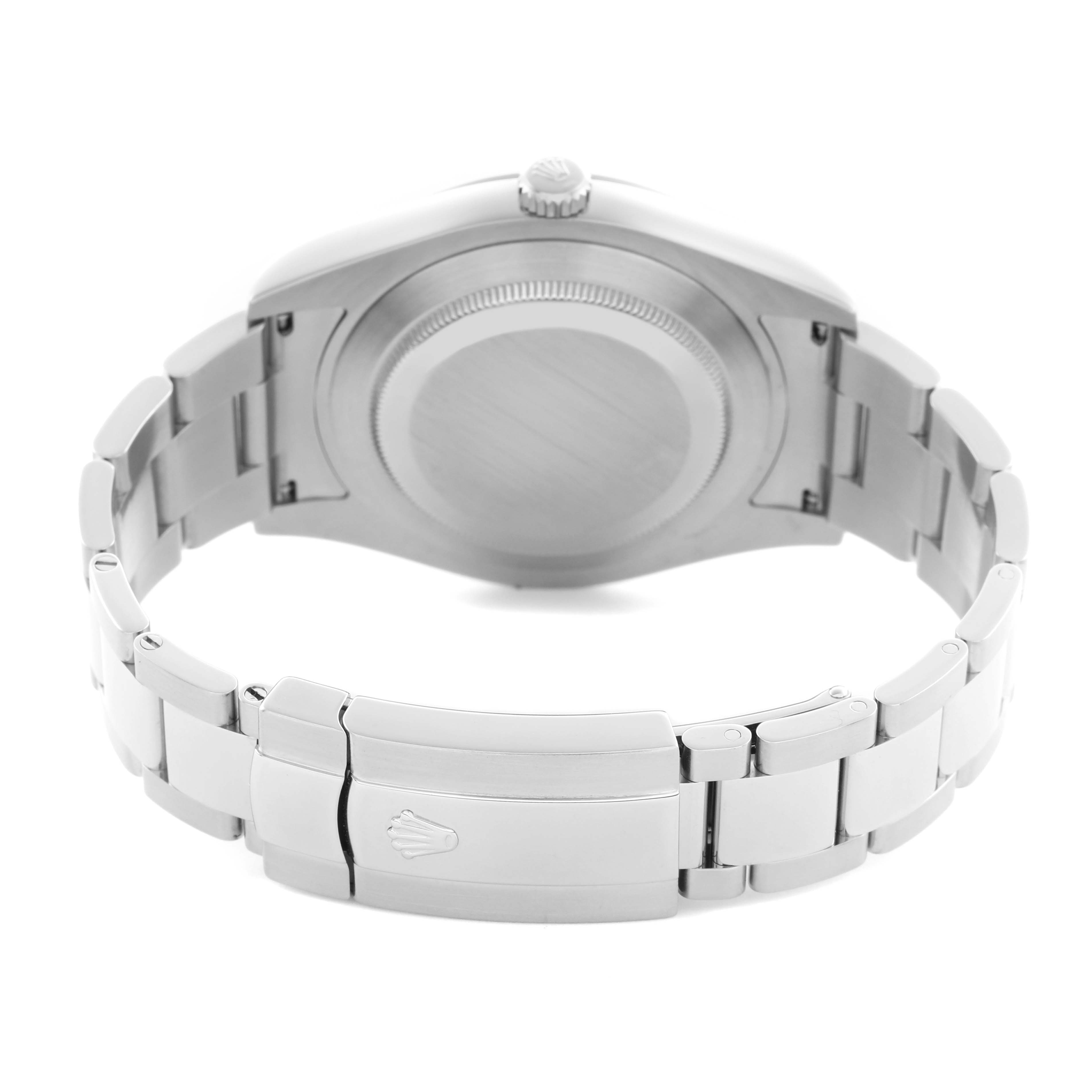 The Rolex Datejust 41 116300 Men's Stainless Steel Silver Dial 116300 Men's Stainless Steel Silver Dial is shown from the back, displaying the case back and partially open Oyster bracelet with clasp.