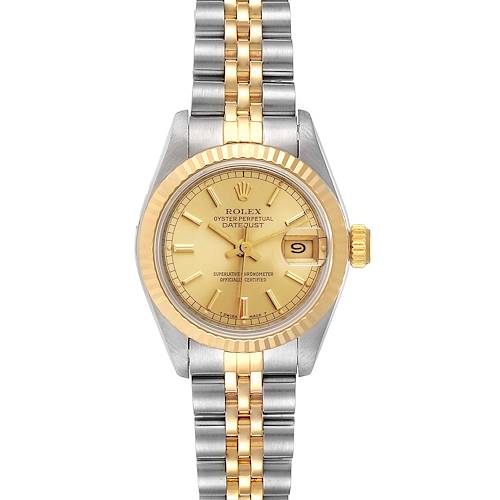 The image shows a front view of a Rolex Datejust 69173 Women's Steel and Gold (two tone) Champagne Dial 69173 Women's Steel and Gold (two tone) Champagne Dial watch, focusing on the dial, bezel, and two-tone bracelet.