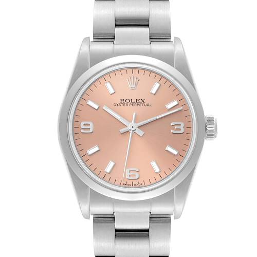 The image shows a front view of a Rolex Mid-Size 77080 Women's Stainless Steel Orange Dial 77080 Women's Stainless Steel Orange Dial Oyster Perpetual watch with a pink dial and silver bracelet.