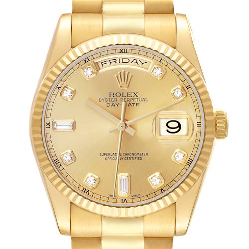 The Rolex President 118238 Men's Yellow Gold Champagne Dial 118238 Men's Yellow Gold Champagne Dial model is shown from a top-down angle, highlighting the dial, bezel, and part of the bracelet.