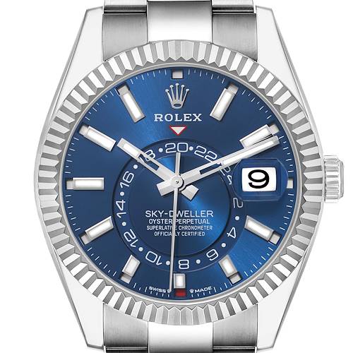 The Rolex Sky-Dweller 336934 Men's Stainless Steel Blue Dial 336934 Men's Stainless Steel Blue Dial watch is shown from the front, displaying its blue dial, bezel, hands, and date window.