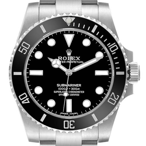 The Rolex Submariner 114060 Men's Stainless Steel Black Dial 114060 Men's Stainless Steel Black Dial watch is shown from a front angle, highlighting the dial, bezel, and crown.