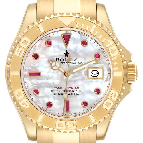The Rolex Yacht-Master 16628 Men's Yellow Gold Mother of Pearl Dial 16628 Men's Yellow Gold Mother of Pearl Dial watch is shown from the front, highlighting the face, bezel, and crown with gem-set hour markers.