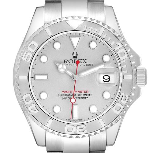 The image shows a front view of the Rolex Yacht-Master 16622 Men's Stainless Steel Silver Dial 16622 Men's Stainless Steel Silver Dial watch, highlighting the bezel, dial, hour markers, hands, and date window.