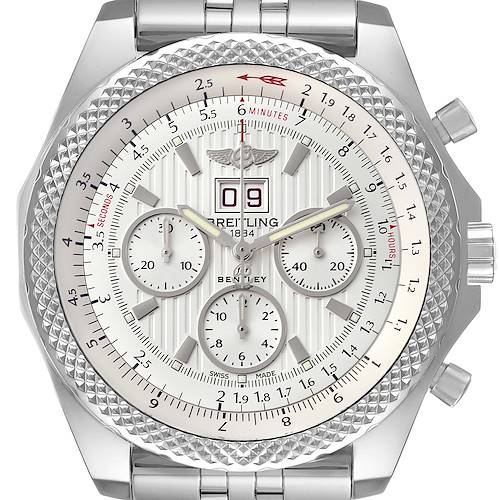 The image shows a close-up, front-facing view of the Breitling Bentley A44364 Men's Stainless Steel Silver Dial A44364 Men's Stainless Steel Silver Dial model watch, highlighting its dial and bezel details.
