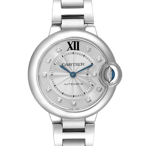The Cartier Ballon Bleu WE902074 Women's Stainless Steel Silver Dial WE902074 Women's Stainless Steel Silver Dial watch is shown from a front view, highlighting its round dial, Roman numeral XII, and blue sapphire crown.