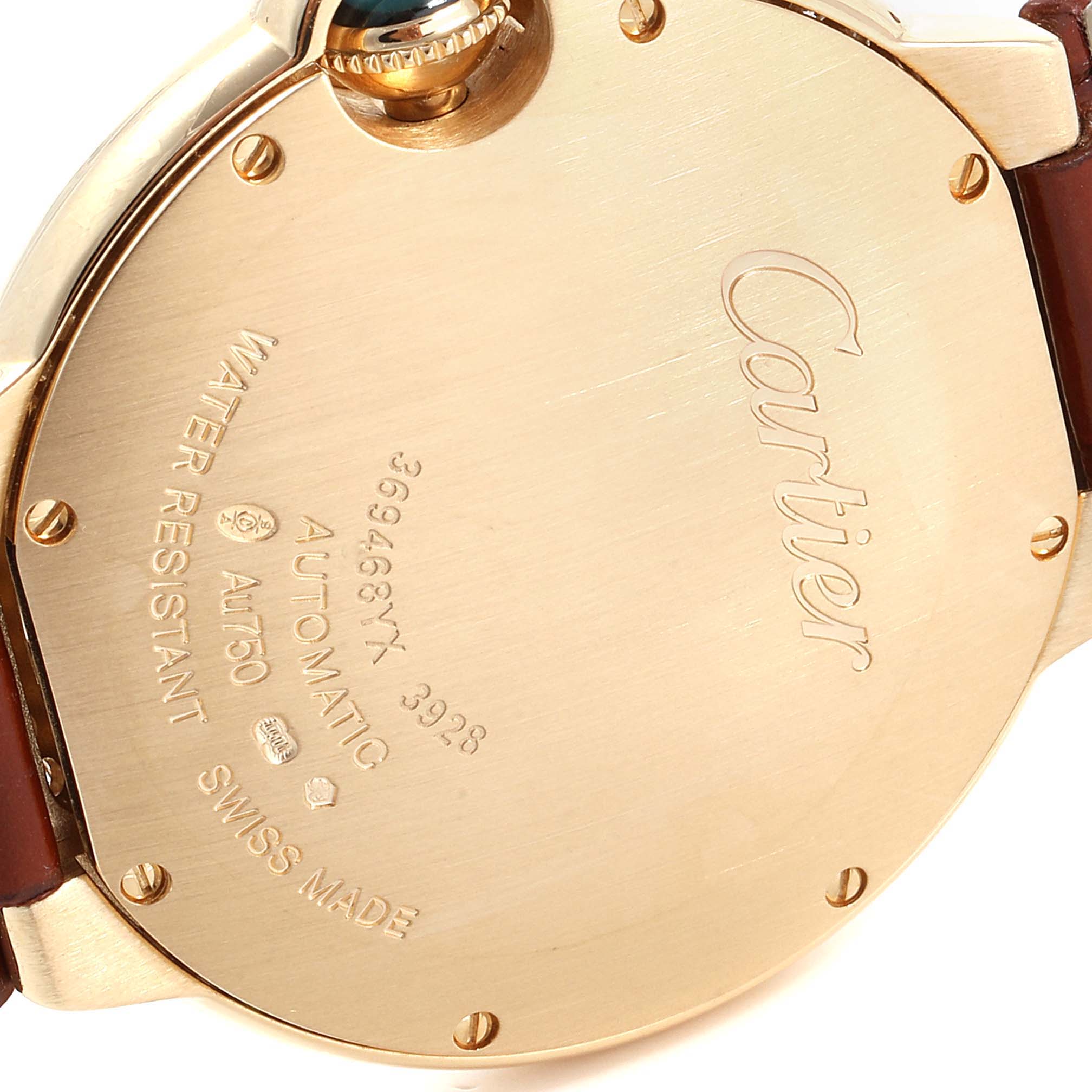 The image shows the case back of a Cartier Ballon Bleu WE900451 Women's Yellow Gold Silver Dial WE900451 Women's Yellow Gold Silver Dial watch, highlighting the screws, engravings, crown, and leather strap.