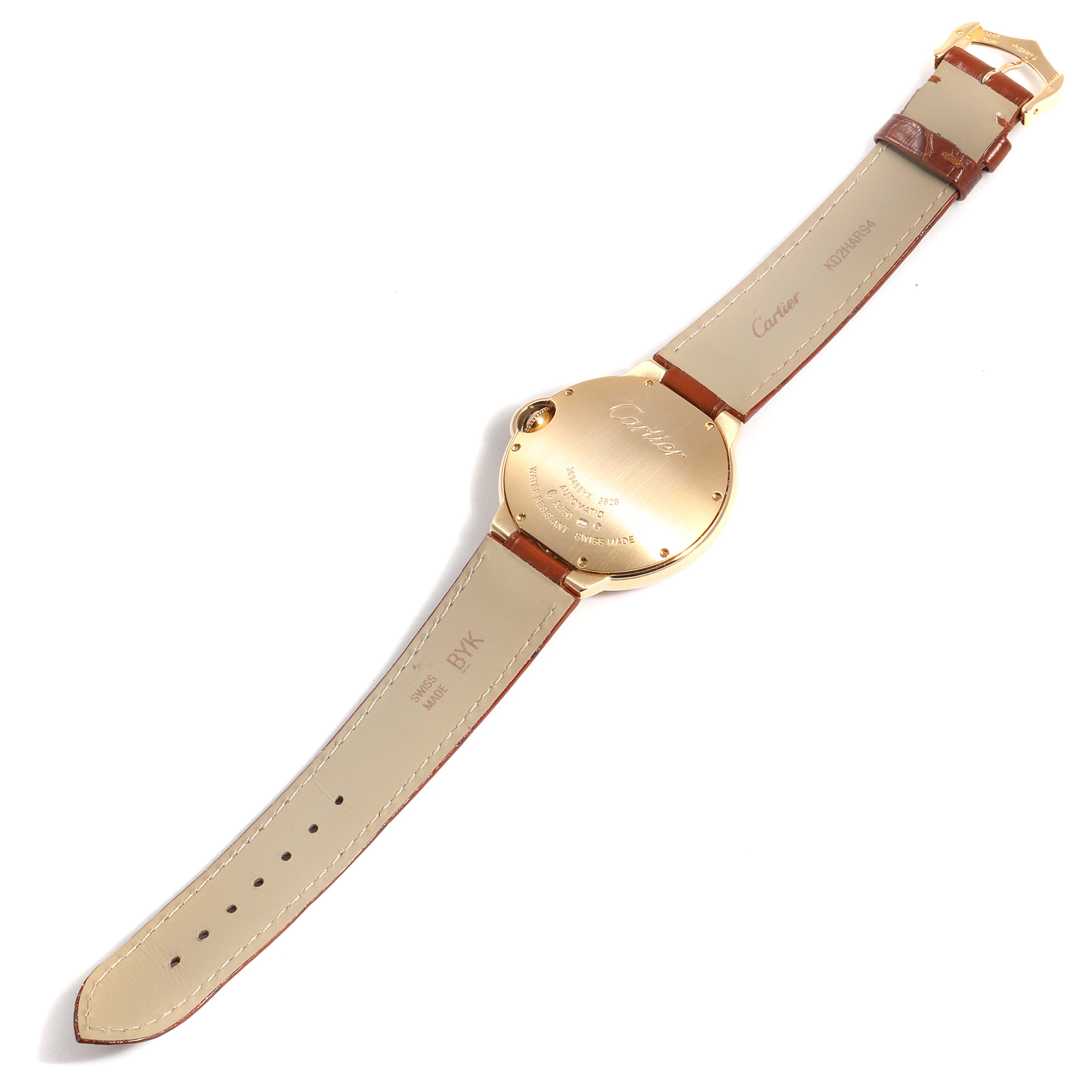 This image shows the back view of a Cartier Ballon Bleu WE900451 Women's Yellow Gold Silver Dial WE900451 Women's Yellow Gold Silver Dial watch, featuring its strap and case back.