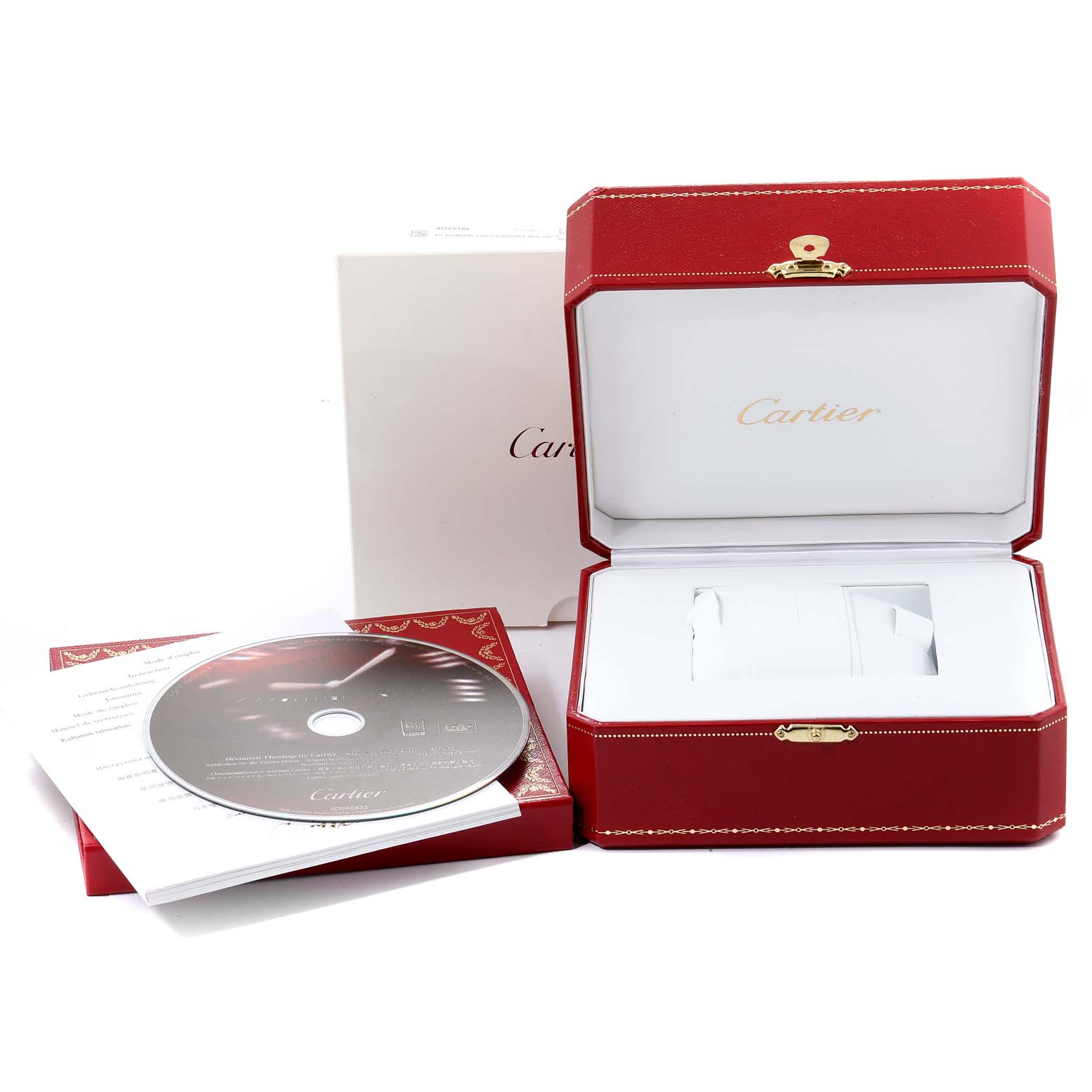 This image shows the packaging of a Cartier Ballon Bleu WE900451 Women's Yellow Gold Silver Dial WE900451 Women's Yellow Gold Silver Dial watch, including the red watch box, a CD, and documentation.