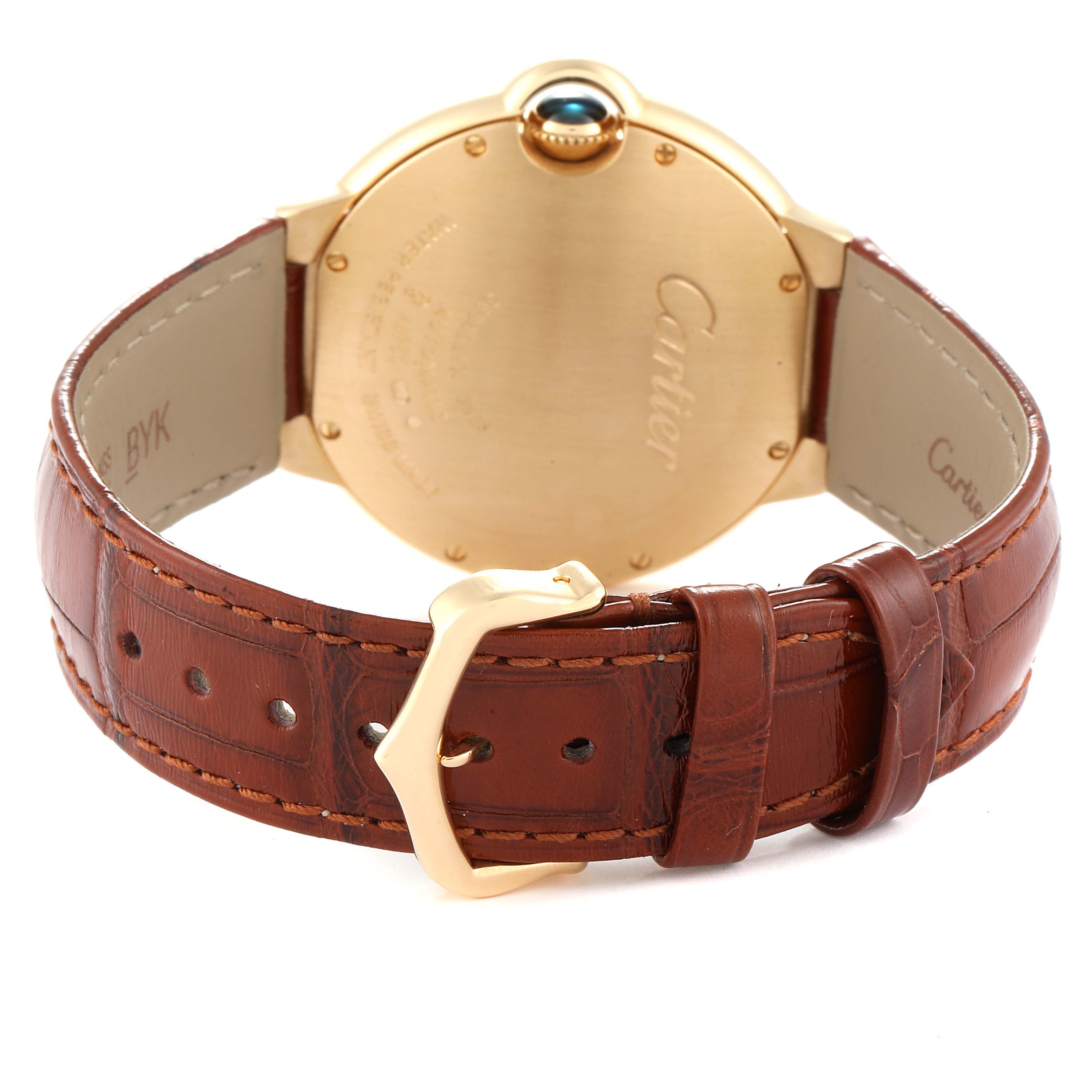 This image shows the back view of the Cartier Ballon Bleu WE900451 Women's Yellow Gold Silver Dial WE900451 Women's Yellow Gold Silver Dial watch, highlighting the gold case, leather strap, and buckle.