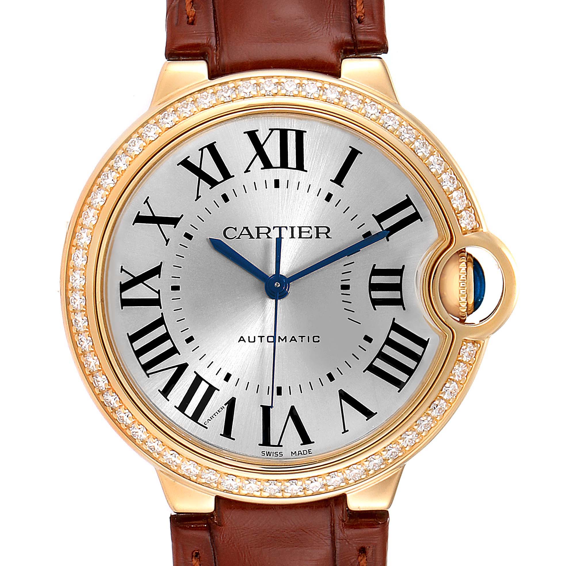 This image shows a front view of the Cartier Ballon Bleu WE900451 Women's Yellow Gold Silver Dial WE900451 Women's Yellow Gold Silver Dial watch, highlighting its Roman numerals, diamond bezel, leather strap, and blue hands.