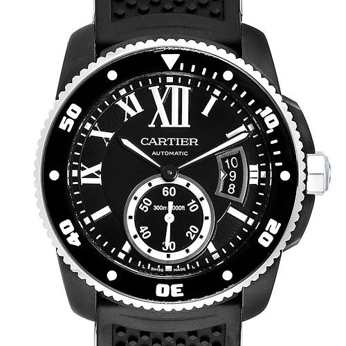 The image shows a front view of the Calibre de Cartier watch by Cartier, highlighting the dial, bezel, and strap parts.