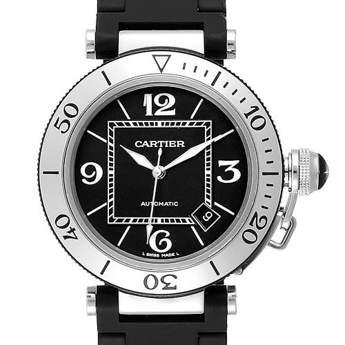 This image shows a front view of the Cartier Pasha W31088U2 Men's Stainless Steel Black Dial W31088U2 Men's Stainless Steel Black Dial watch, highlighting its dial, bezel, and crown.