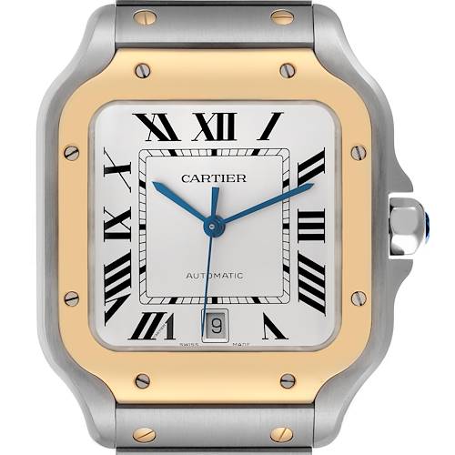 The Cartier Santos W2SA0009 Men's Steel and Gold (two tone) Silver Dial W2SA0009 Men's Steel and Gold (two tone) Silver Dial watch is shown from the front, displaying the face, bezel, crown, and part of the bracelet.