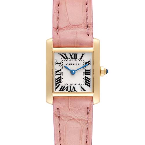 The Cartier Tank Française watch is shown from a front angle, highlighting its rectangular face, pink strap, and gold case.