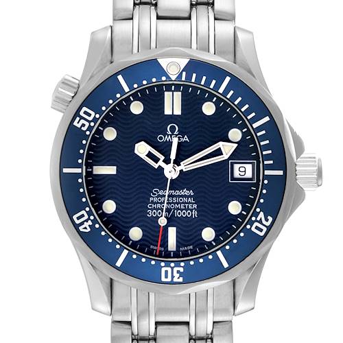 This image shows a front view of the Omega Seamaster 2551.80.00 Men's Stainless Steel Blue Dial 2551.80.00 Men's Stainless Steel Blue Dial watch, featuring its face, bezel, and part of the bracelet.