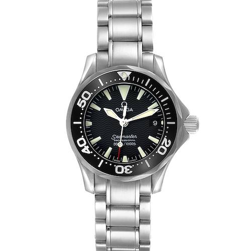 The Omega 2282.50.00 Women's Stainless Steel Black Dial 2282.50.00 Women's Stainless Steel Black Dial Seamaster Diver 300M Quartz 2282.50.00 is shown from a top-down angle, highlighting the face, bezel, and bracelet.