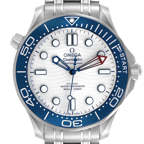 The Omega Seamaster 210.30.42.20.04.002 Men's Stainless Steel White Dial 210.30.42.20.04.002 Men's Stainless Steel White Dial watch is shown from a front angle, highlighting its blue bezel, white dial, and stainless steel bracelet.