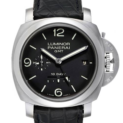 This image shows a front view of the Panerai Luminor PAM00270 Men's Stainless Steel Black Dial PAM00270 Men's Stainless Steel Black Dial GMT watch, highlighting its dial, hands, and crown guard.