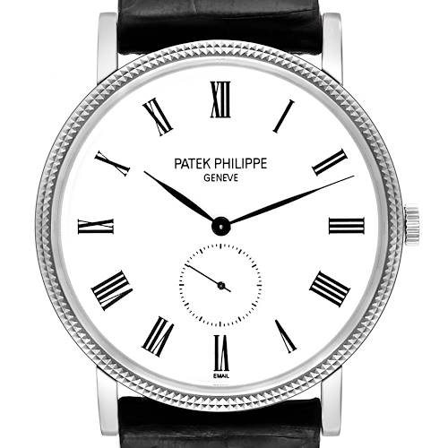 This image shows a frontal view of the Patek Philippe Calatrava 5116G Men's White Gold White Dial 5116G Men's White Gold White Dial watch, displaying its face, bezel, crown, and part of the strap.