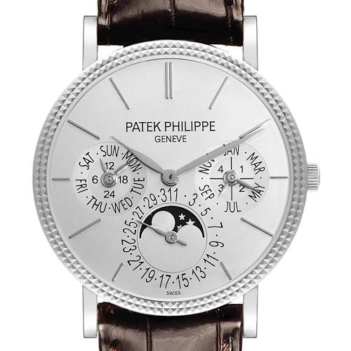 The Patek Philippe Complications 5139G-001 Men's White Gold Silver Dial 5139G-001 Men's White Gold Silver Dial watch is shown from a front angle, highlighting the dials, hands, and moon phase feature.