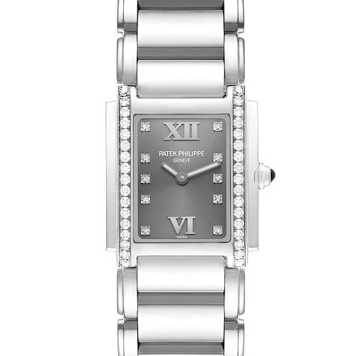 The Patek Philippe Twenty-4 4910/1200A-10 Women's Stainless Steel Grey Dial 4910/1200A-10 Women's Stainless Steel Grey Dial watch is shown from a top-down angle, highlighting its rectangular face and bracelet with diamond accents.