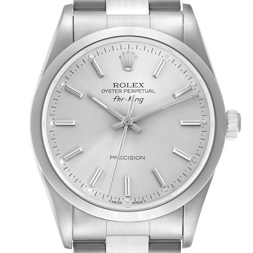 The Rolex Air-King 14000 Men's Stainless Steel Silver Dial 14000 Men's Stainless Steel Silver Dial watch is shown from a front angle displaying the dial, crown, and bracelet.