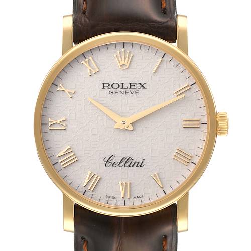 This image shows a front view of the Rolex Cellini 5115 Men's Yellow Gold Beige Dial 5115 Men's Yellow Gold Beige Dial watch, highlighting its dial, hands, crown, and leather strap.