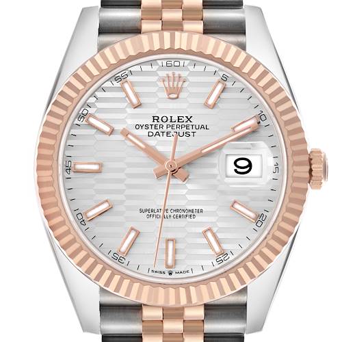 The image shows a front view of the Rolex Datejust 41 126331 Men's Steel and Gold (two tone) Silver Dial 126331 Men's Steel and Gold (two tone) Silver Dial, highlighting the dial, fluted bezel, and part of the bracelet.