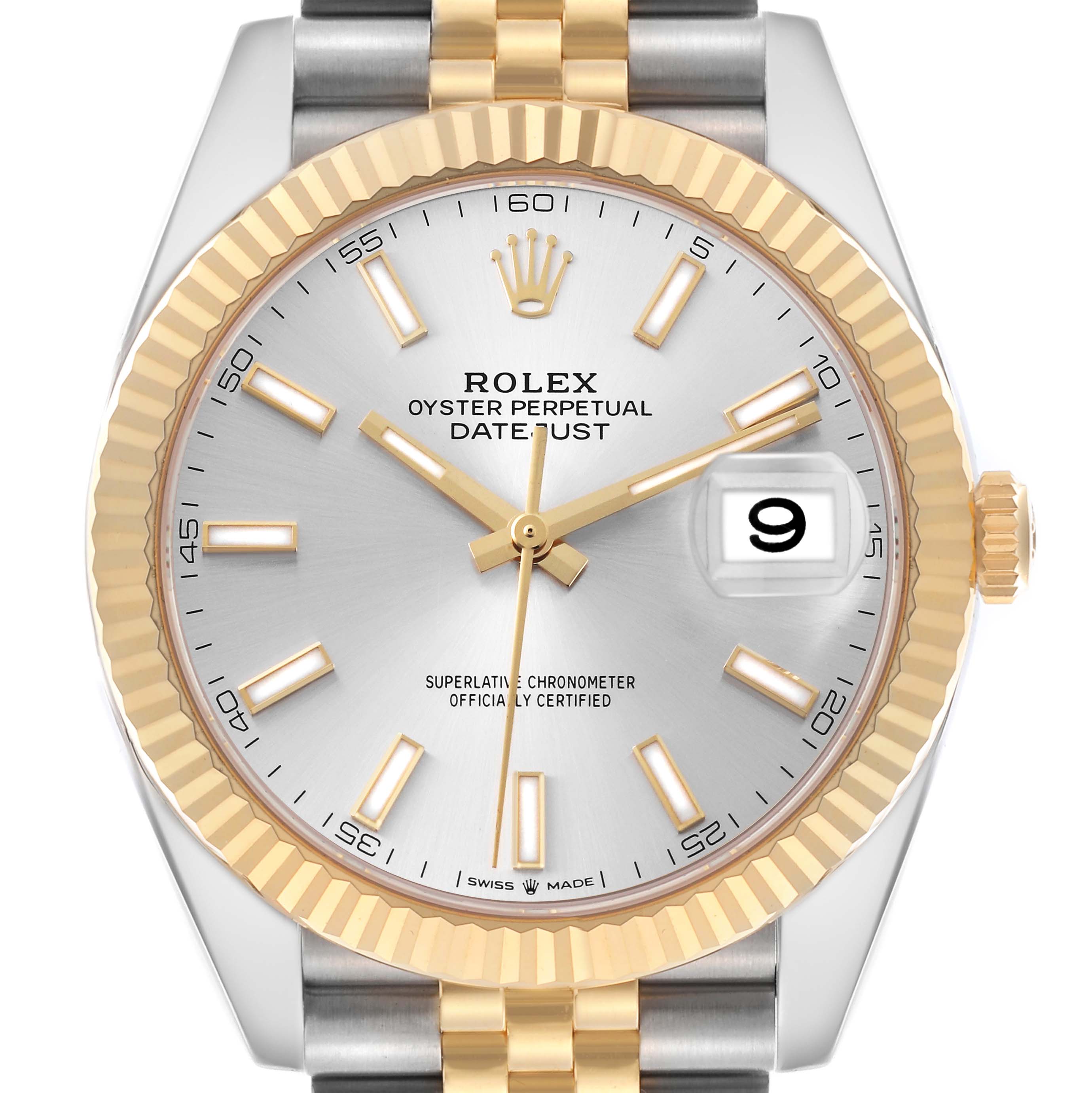 The Rolex Datejust 41 126333 Men's Steel and Gold (two tone) Silver Dial 126333 Men's Steel and Gold (two tone) Silver Dial is shown from the front, highlighting its gold fluted bezel, dial, and two-tone bracelet.